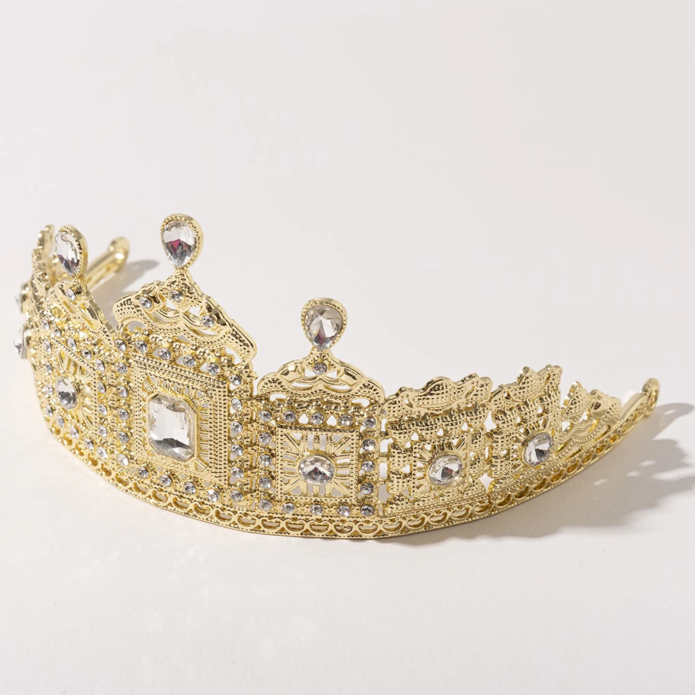 Metal color: Light Yellow Color - LUIZADA European Princess Queen Round Headdress Moroccan Bride Crystal Crown King Bride Headdress Wedding Hair Accessories