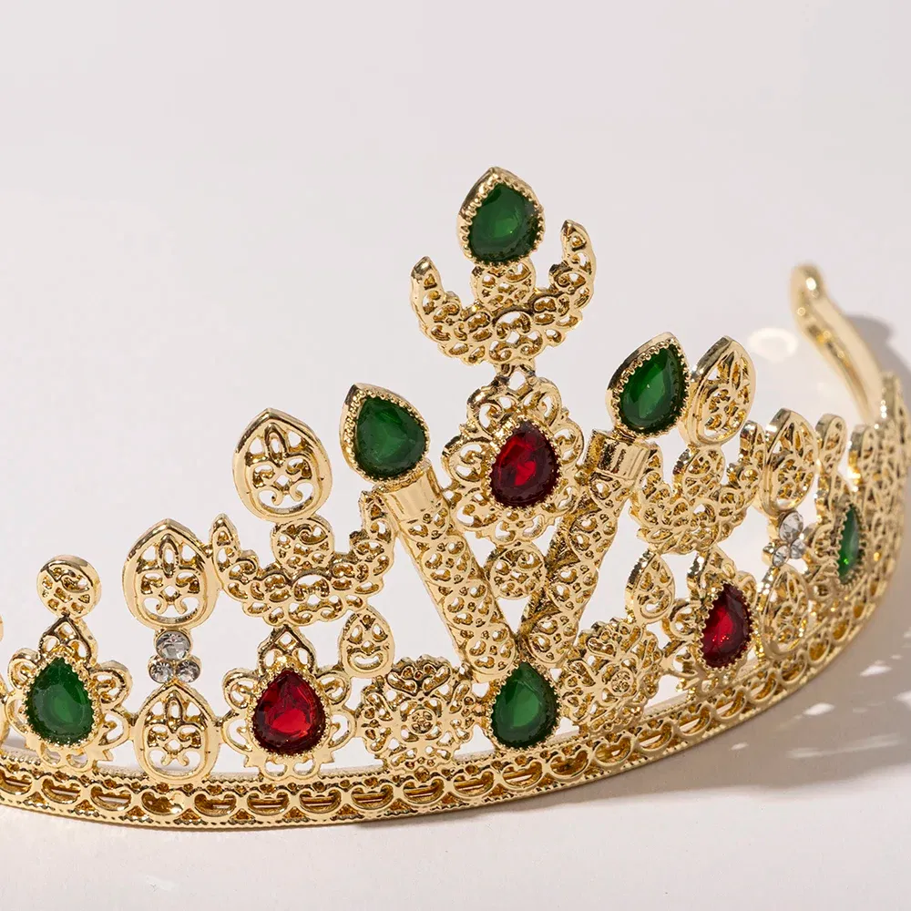 Metal color: Light Yellow Color - LUIZADA European Princess Queen Round Headdress Moroccan Bride Crystal Crown King Bride Headdress Wedding Hair Accessories