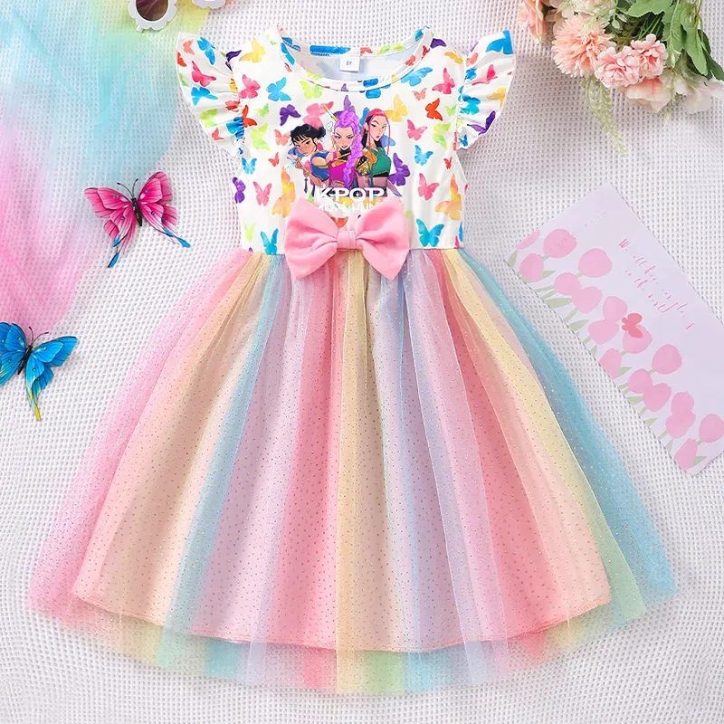 Color: Mixed Color, Size: One Size, Ships From: CHINA, Height: 170 - KPop Demon Hunter Christmas Princess Dress Girl Fashion Casual Autumn Butterfly Dress Wedding Birthday Party Dress Gift Clothes