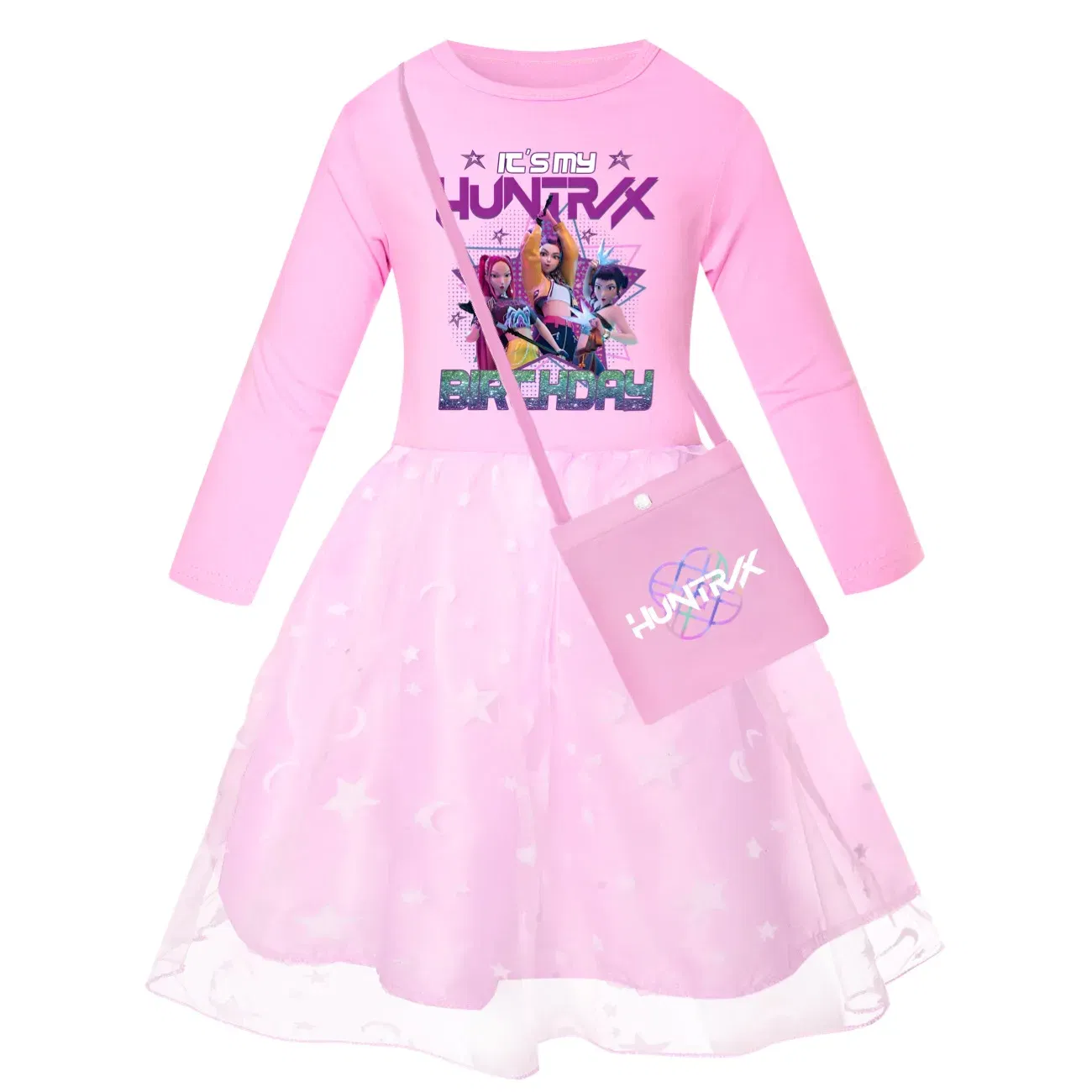Color: Pink, Kid Size: 4 - KPop Demon Hunters Kids Clothes Long Slevess Dresses Cotton Rainbow Full Dress Teen Fashion Girl's Clothing Party Clothes 5001