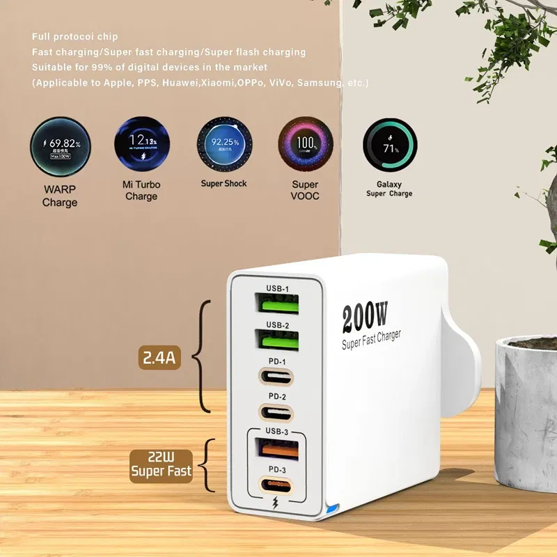 Plug Type: KR - Xiaomi 200W Super Fast Charging 6 Port USB C Charger PD3.0 USB C Type C Mobile Phone Charger For iPhone 16 Samsung Xiaomi ipad