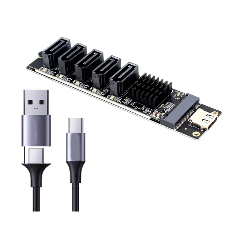 SATA Expansion Card Riser Type C to 5 Port SATA 3.0 6Gbps Adapter Card USB C to SATA3.0 Converter for Computer JM575+JMS580 Chip