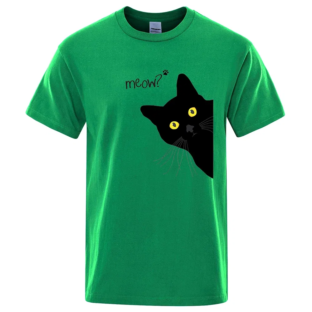 Color: GRAY, Size: S - Meow Black Cat Funny Printing Men T-Shirts Breathable Tee Clothes Summer Streetwear Tops Oversized Loose Cotton Short Sleeve