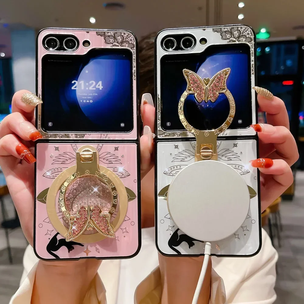 Material: ABS, Color: Pink - For Samsung Galaxy Z Flip 5 4 3 5G MagSafe Magnetic Phone Case Stand Holder Glitter Bling Diamond 3D Ring Cover For Z Flip5 4 5G