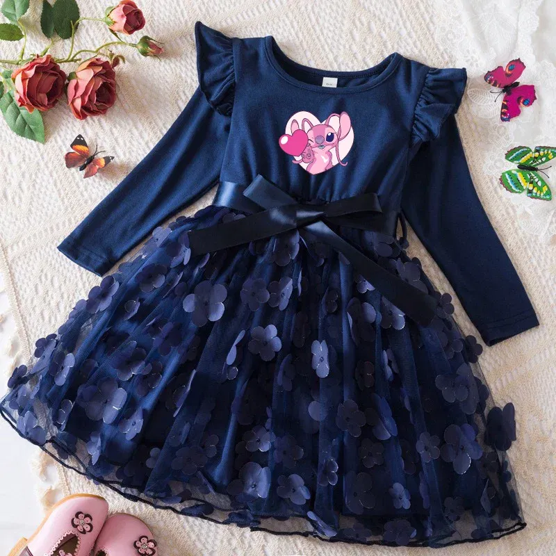 Color: Bright Yellow, Size: One Size, Height: 170 - Lilo Stitch Girl Baby Dresses Spring Autumn Child Long Sleeve Sweet Princess Dress Mesh Newborn Casual Dress Birthday Party 2-6Y