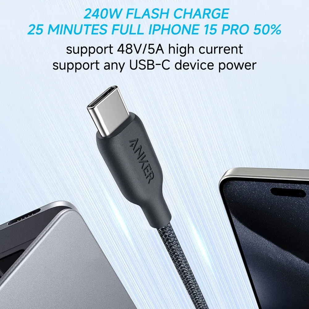 Length: 1.8m, Color: WHITE - Anker 240W USB-C to USB-C Cable Bio-based Nylon Braided Data Cable Environmentally For iPhone 15 iPad Pro MacBooks Android