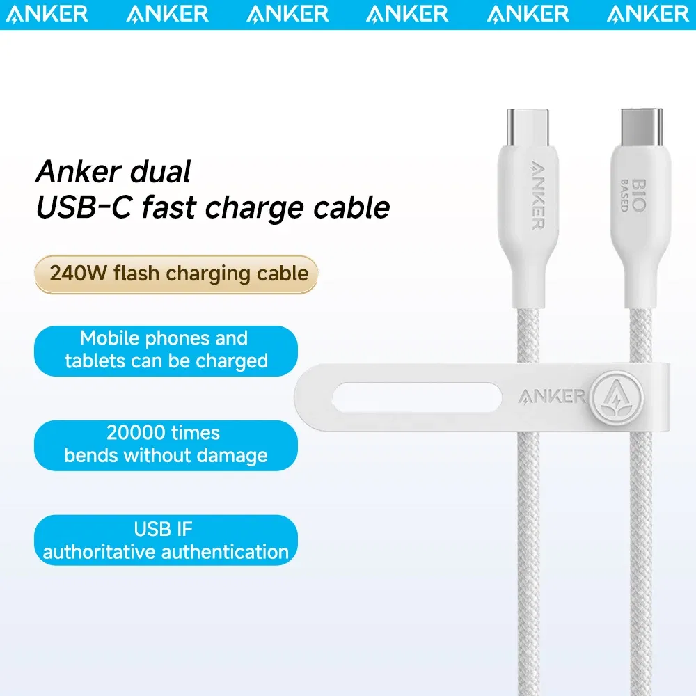 Length: 1.8m, Color: WHITE - Anker 240W USB-C to USB-C Cable Bio-based Nylon Braided Data Cable Environmentally For iPhone 15 iPad Pro MacBooks Android