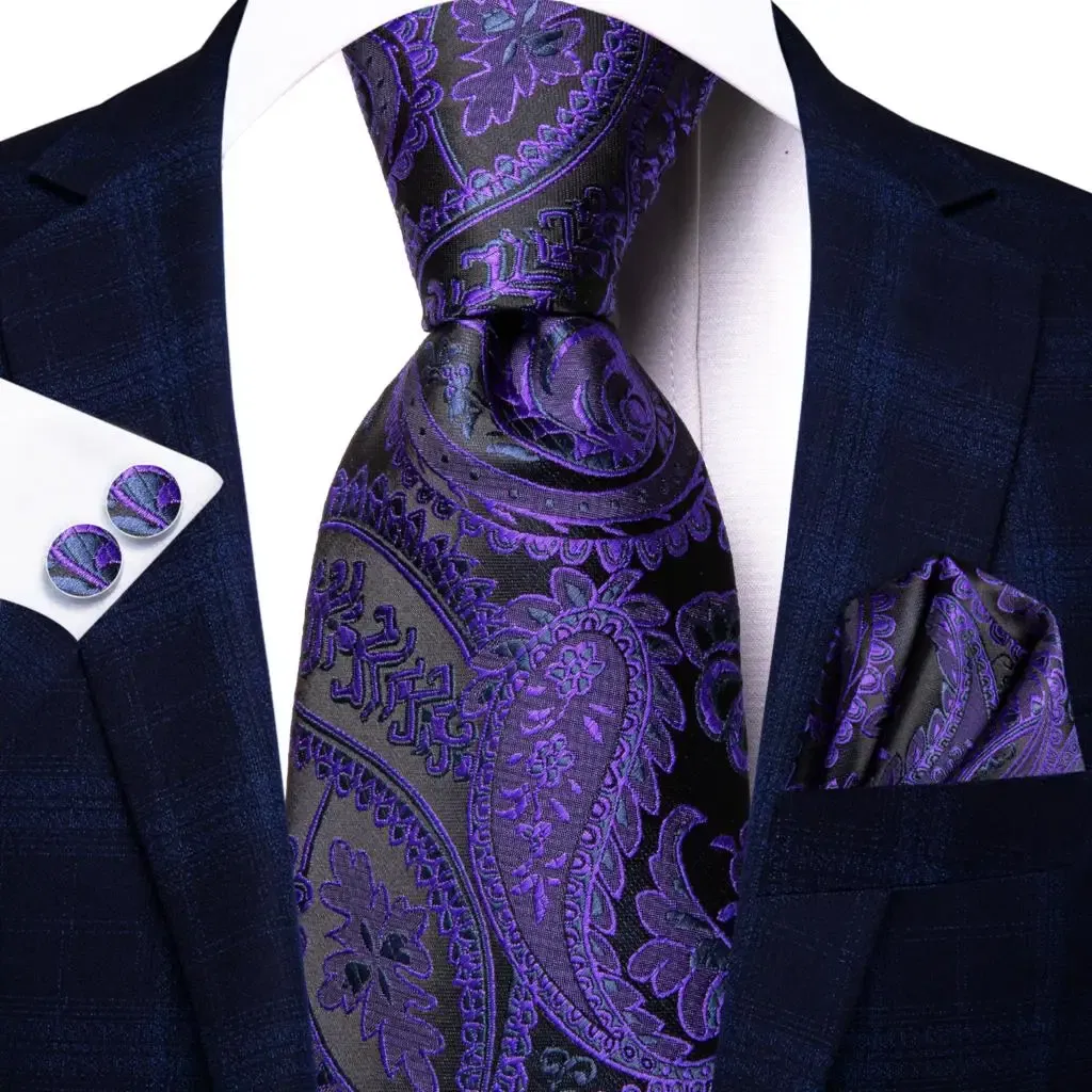 Color: Milky White - Hi-Tie Purple Paisley Silk Elegent Tie for Men Novelty Design Handky cufflink Tie Set Party Business Wedding Dropshipping