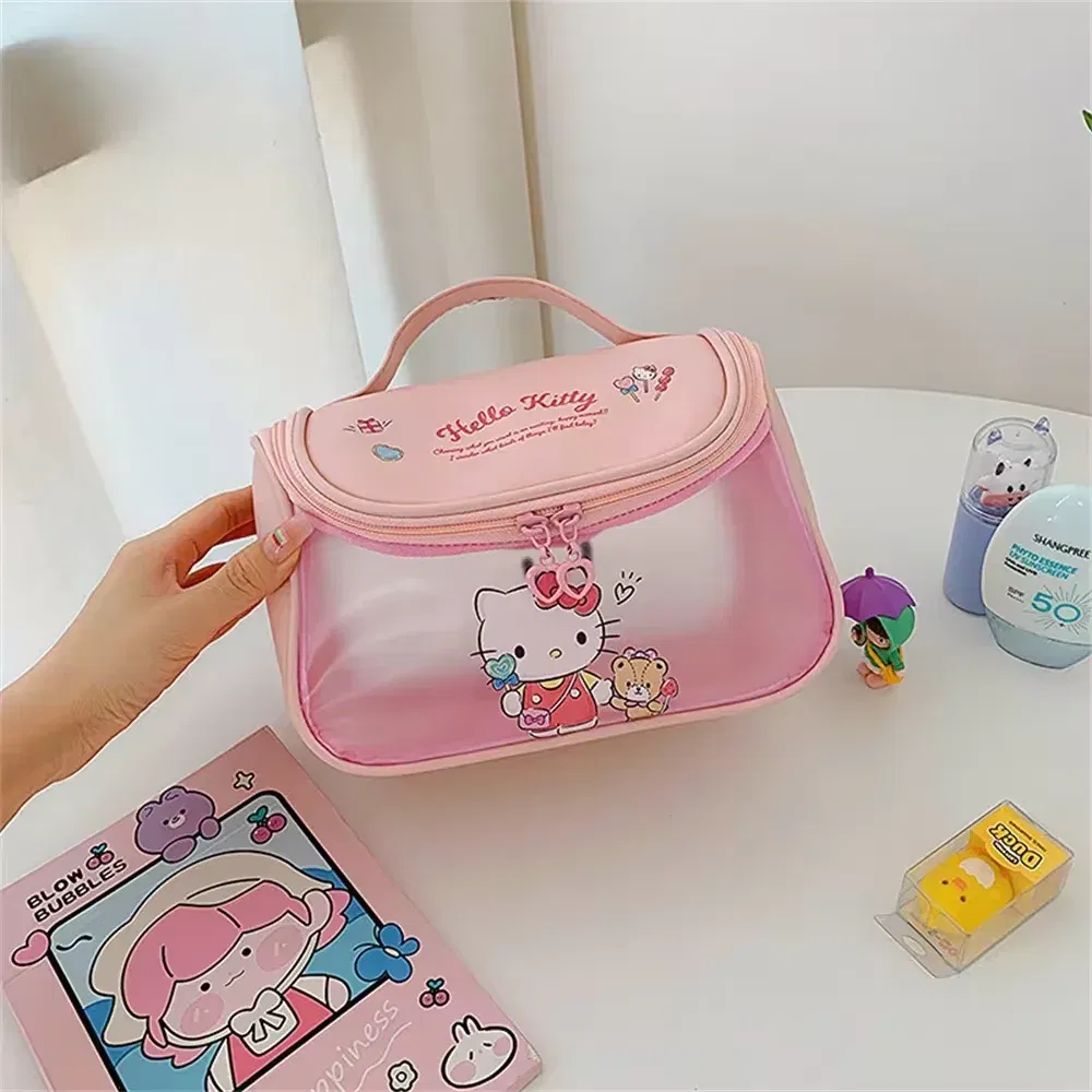 Color: Yellow - Sanrio Kawaii Hello Kitty Zipper Makeup Bag Black Beauty Cinnamon Roll Large Capacity Waterproof portable Millennium Girls Wash