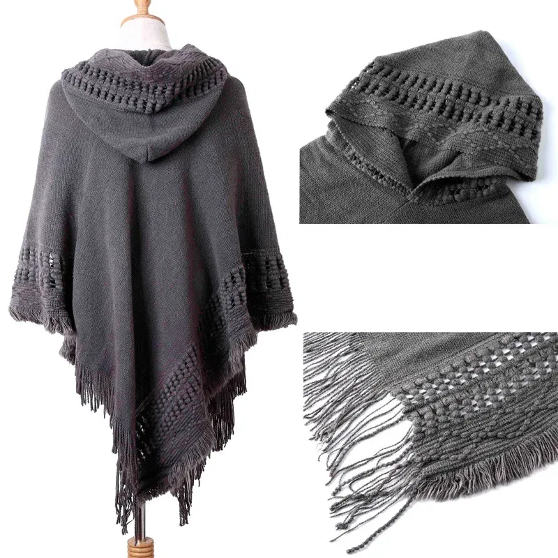Color: SKY BLUE, Size: One Size - New Women Ladies Tassel Cape Coat Fringe Poncho Oblique Stripe Coat Bohemian Shawl Scarf