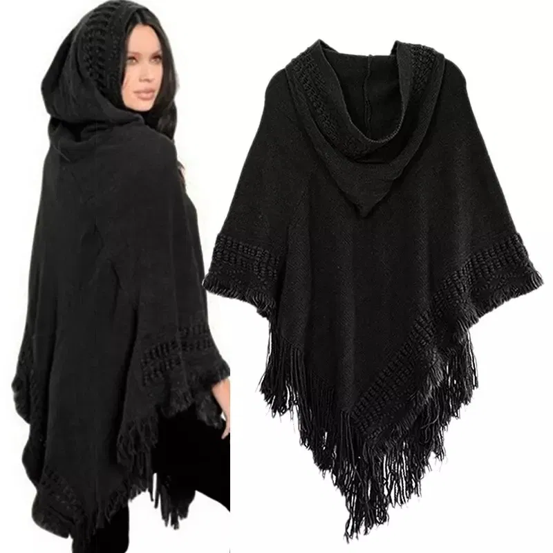 Color: SKY BLUE, Size: One Size - New Women Ladies Tassel Cape Coat Fringe Poncho Oblique Stripe Coat Bohemian Shawl Scarf