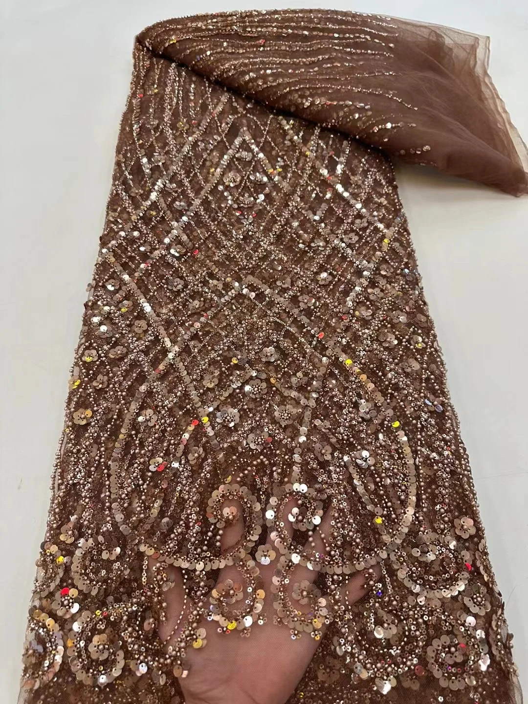 Color: Orange, Width: 120cm, Length: 5 yards - Ni Ai African Sequins Beaded Groom Lace Fabric High Quality French Tulle Lace Fabric 2025 Embroidery Nigerian Lace Fabrics