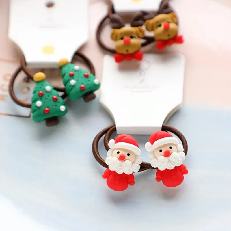 Color: SKY BLUE - 2Pcs Cute Cartoon Christmas Elk Scrunchies Girls Hair Rope Ponytail Holder Elastic Hair Bands Hair Ties Fashion Hair Accessories