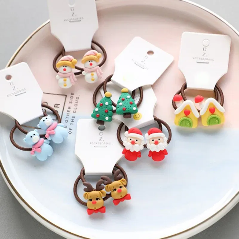 Color: SKY BLUE - 2Pcs Cute Cartoon Christmas Elk Scrunchies Girls Hair Rope Ponytail Holder Elastic Hair Bands Hair Ties Fashion Hair Accessories