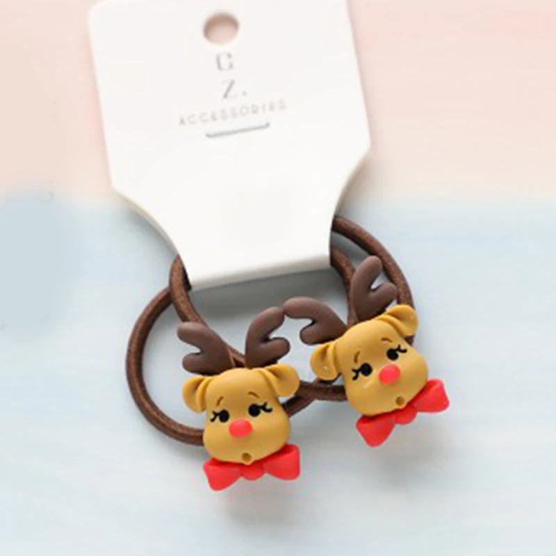 Color: SKY BLUE - 2Pcs Cute Cartoon Christmas Elk Scrunchies Girls Hair Rope Ponytail Holder Elastic Hair Bands Hair Ties Fashion Hair Accessories
