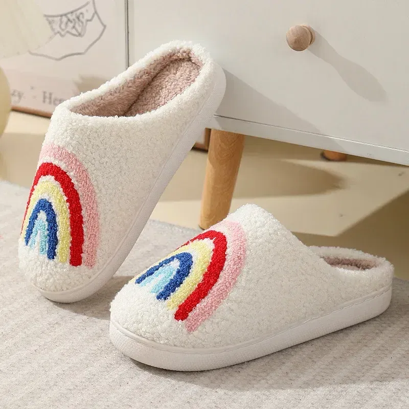 Color: Beige, Shoe Size: 36-37 - Women Rainbow Slippers Men Retro Preppy Slippers Winter Warm Plush House Fluffy Living Room Shoes Female New Christmas Gifts