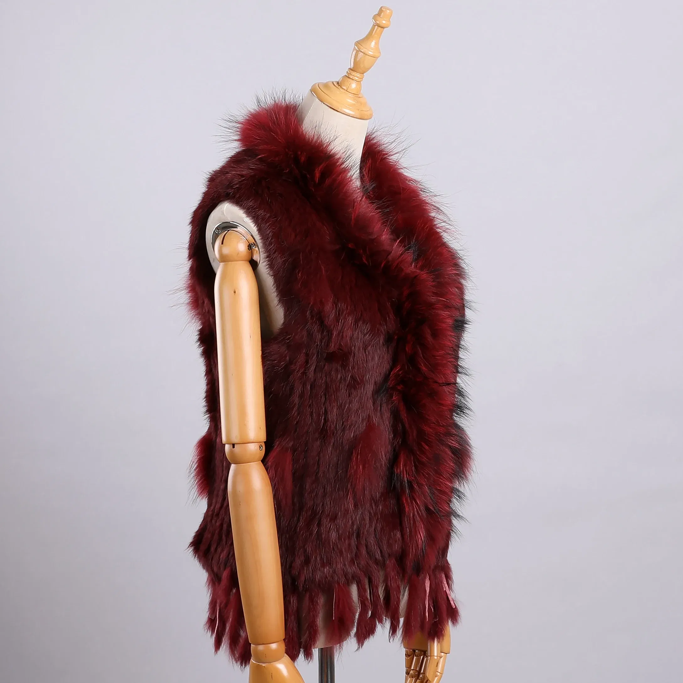 Color: Claret, Size: XXL - Luxury Women's Genuine Premium Long Hair Rabbit Fur Knit Vest Raccoon Fur Trim Gilet Lady Sleeveless Waistcoat Real Fur Jacket