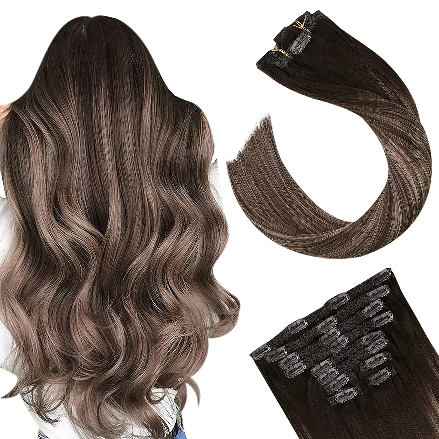Color: T403/DB3, Length: 22 inches, Weight Per Package: 120g/Set - [16 Colors] Ugeat Clip in Hair Extensions Human Hair 14-22" Double Weft Remy Hair Full Head Clip in Extensions for Woman 7Pcs