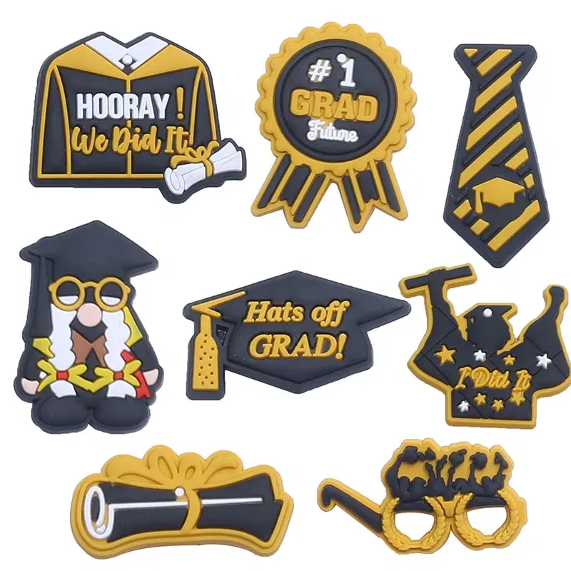 Color: Gold, Ships From: CHINA - Original 1pcs Graduation season Anime Shoe Buckle Charms Funny Cartoon Character for Clogs Accessories Kids Xmas Birthday Gifts