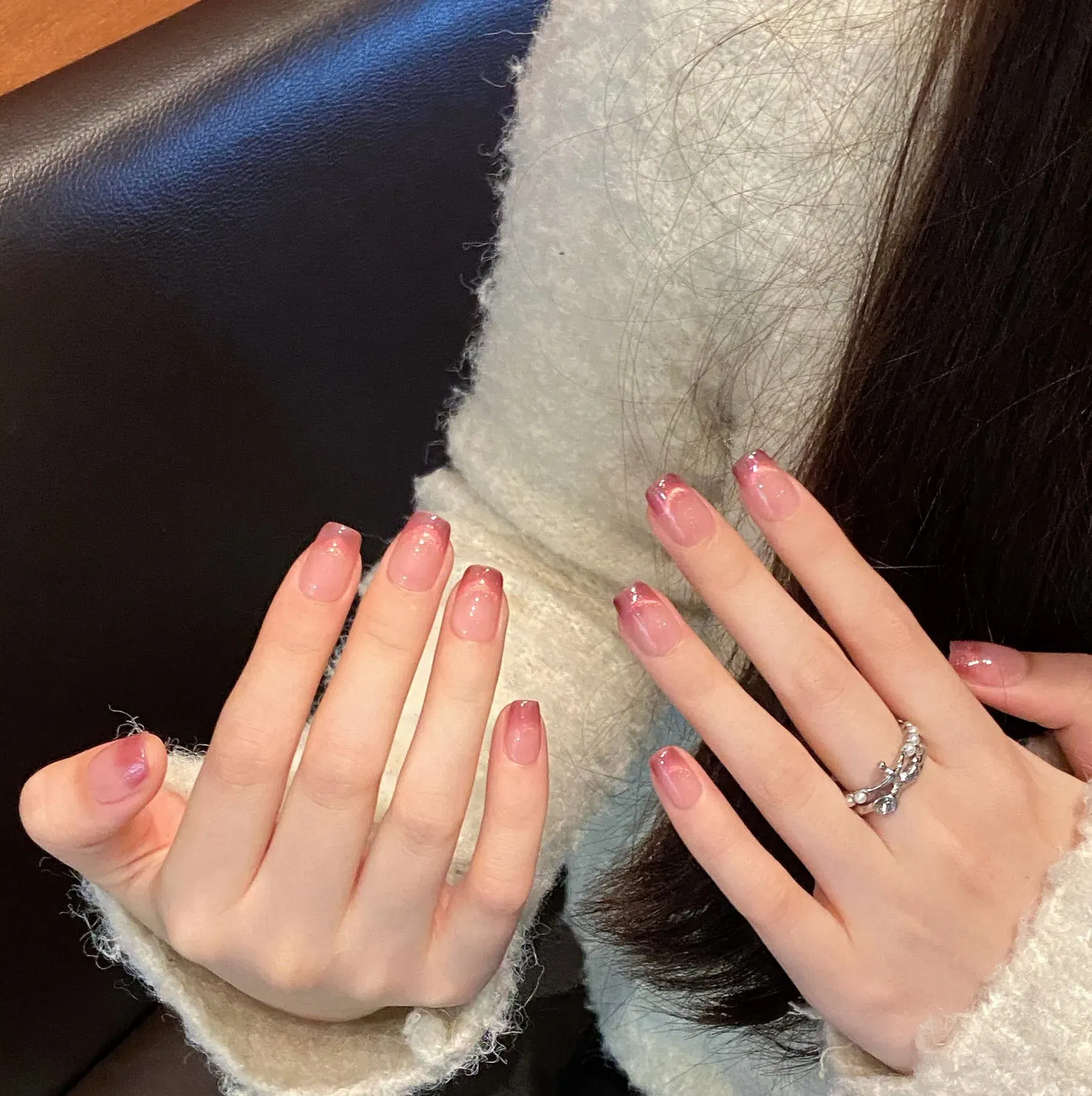 Color: Blue - 10 PCS Luxury Handmade Press on Nails Short Square French Cat's Eye Design with 3-PIECE Tool Adhesive Nail Glue Tabs