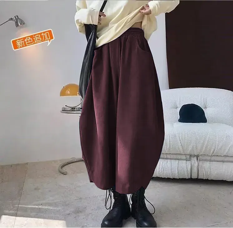 Color: Claret, Size: L - 2023 Autumn Casual Harem Pants Women Cotton High Waisted Trousers Retro Loose Bloomers Women's Oversize Pants Baggy Sweatpants