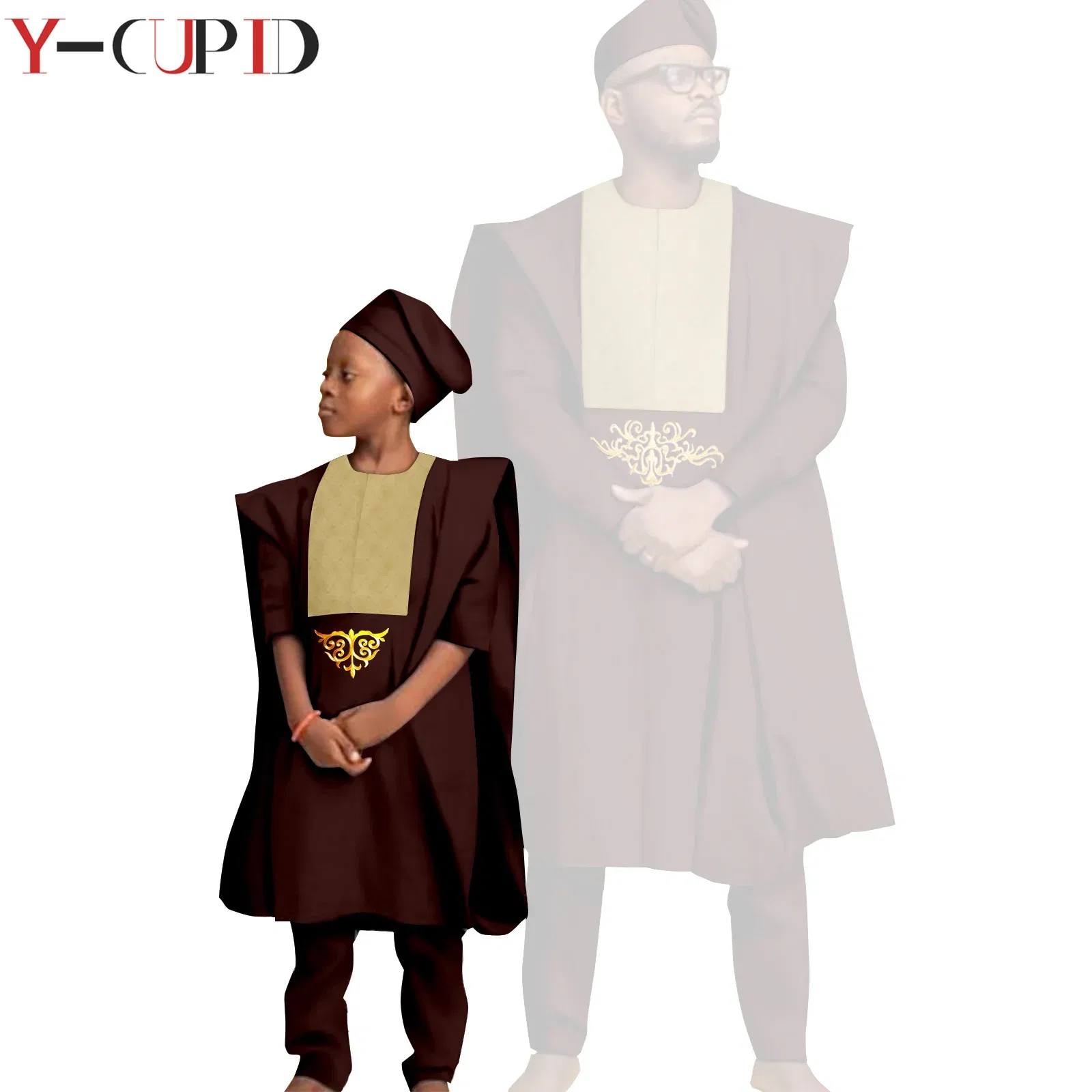 Color: GRAY, Size: S - African Clothes for Men Top Pants Robes Hat Sets Match Kid Boy Sets Dashiki Father and Son Bazin Riche Family Outfits Y20F001