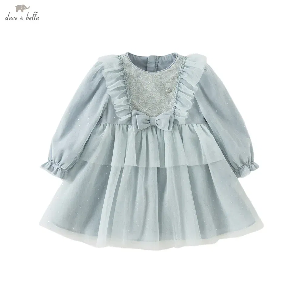 Dave Bella Girls Baby Princess Dress Autumn Gentle Charm Sweet Cute Bow Kids Blue Elegant Mesh Dress Party Outdoor DB3252656
