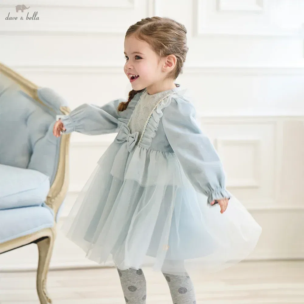 Dave Bella Girls Baby Princess Dress Autumn Gentle Charm Sweet Cute Bow Kids Blue Elegant Mesh Dress Party Outdoor DB3252656