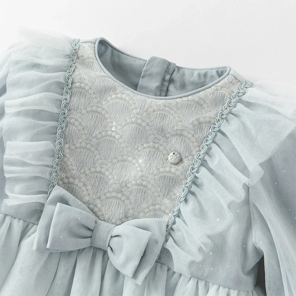 Dave Bella Girls Baby Princess Dress Autumn Gentle Charm Sweet Cute Bow Kids Blue Elegant Mesh Dress Party Outdoor DB3252656