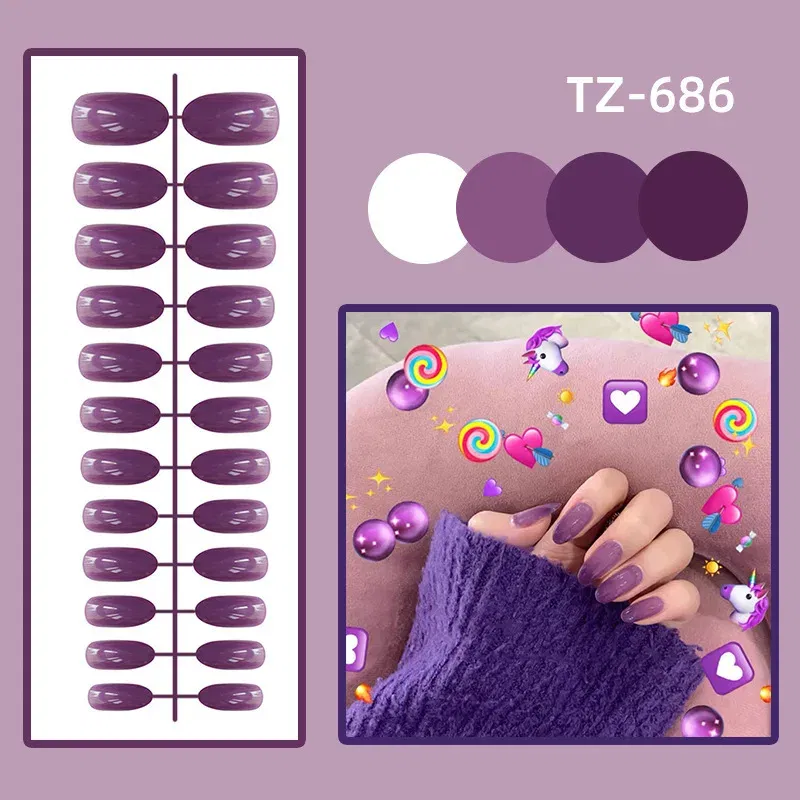 Color: sapphire - 24Pcs/Set Long Round Head Bright Solid Color Press On Acrylic Nail Art Fake Nails Finished Wearing Manicure Reusable False Nails