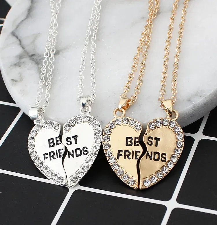 Metal Color: Gold-color - 2 Pcs/set Love English Pendant Alloy Ornaments Fashion Best Friends Heart Necklace Good Friends Choker Statement Necklace