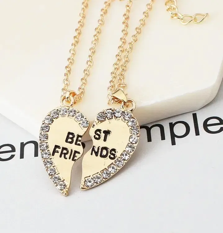 Metal Color: Gold-color - 2 Pcs/set Love English Pendant Alloy Ornaments Fashion Best Friends Heart Necklace Good Friends Choker Statement Necklace