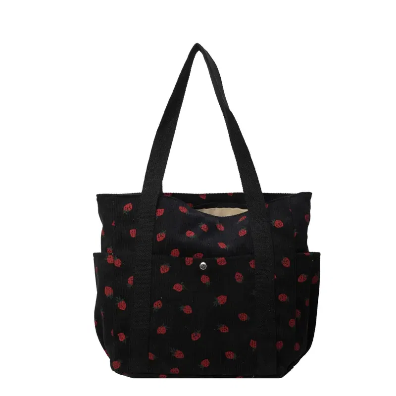 Color: Blue - Strawberries Corduroy Handbag Sweet Women's Bag Fashionable Versatile Shoulder Bag Beautiful Simple Commuter Women's Tote Bags