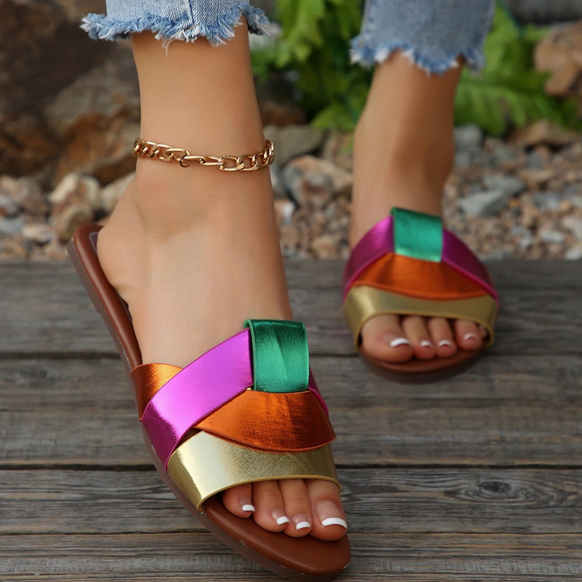 Color: MULTI, Shoe Size: 38 - New Fashion Slippers Women Sexy Flat Sandals Casual Ladies Sand Beach Slippers Elegant Fish Mouth Slippers Women