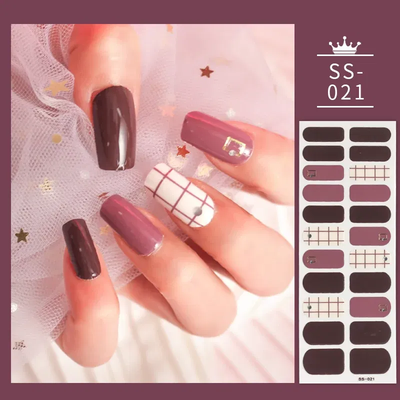 Color: plum - 22 Tips Blue and White Shiny Speckles Nail Art Sticker Full Cover Nail Stickers Last Update Nail Wraps Lot Sticker for Nails
