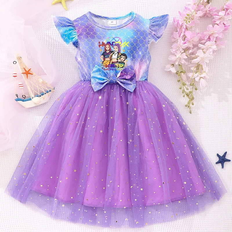 Color: Lavender, Size: One Size, Ships From: CHINA, Height: 164 - KPop Demon Hunter Christmas Princess Dress Girl Fashion Casual Autumn Butterfly Dress Wedding Birthday Party Dress Gift Clothes