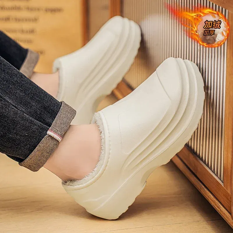 Color: Beige, Shoe Size: 43 - Eva Men's Chef Slippers Winter Slipper for Men Home Cotton Shoes Water Proof Anti-slip Keep Warm Height-increasing New Arrival