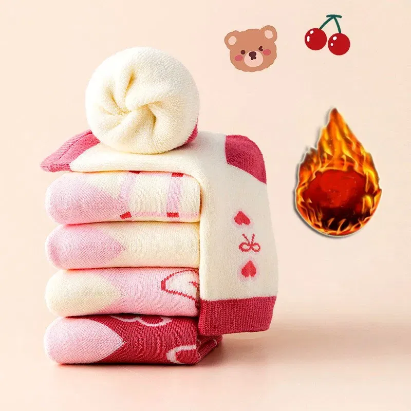 Color: Beige, Size: 7-9T - Girls Winter Socks 5 Pairs Baby Cute Color Princess Pink Thick Cotton Socks Children Warm Winter Socks