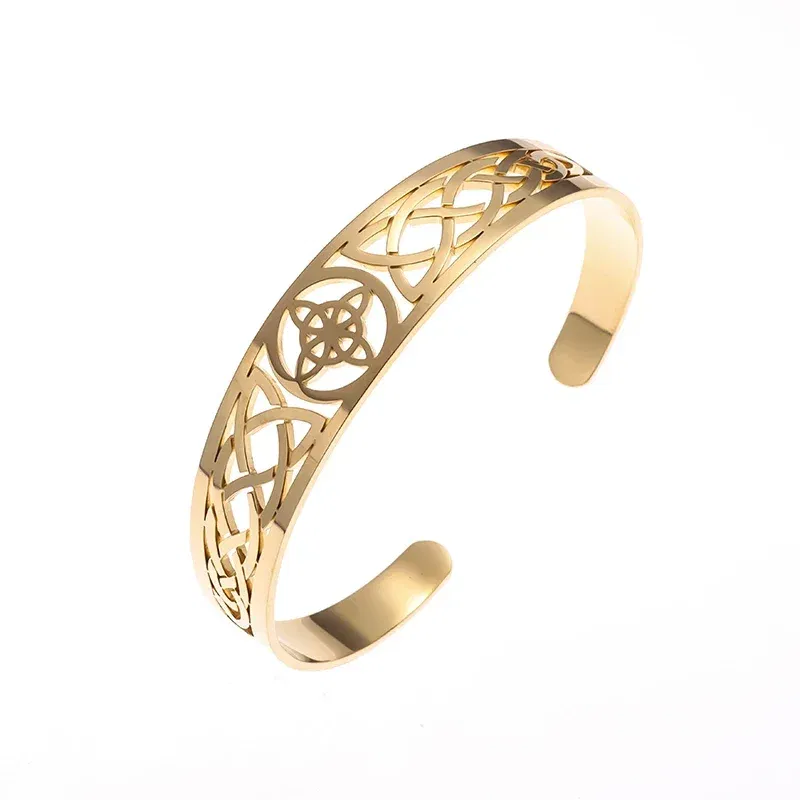 Metal color: Pure Gold Color - Witch Knot Cuff Stainless Steel Pagan Witchcraft Symbols Magic Knot Women\'s Good Luck Amulet Bracelet Celtic Knot Bracelet