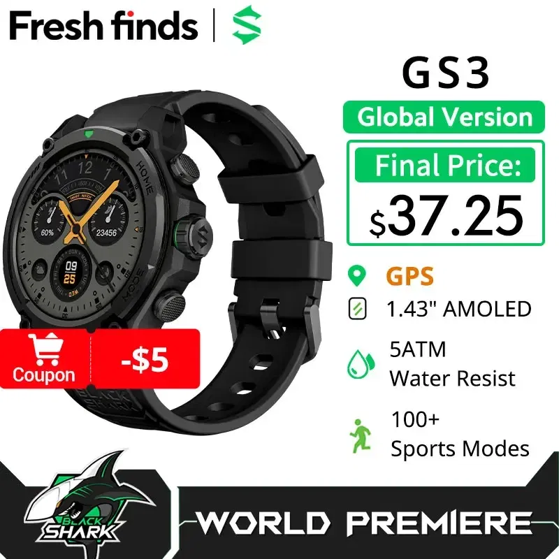 Color: GRAY, Ships From: CHINA - [World Premiere]Blackshark GS3 Smart Watch Global Version 1.43"AMOLED Display GPS Satellite Positioning 21 Day Battery Life 5ATM