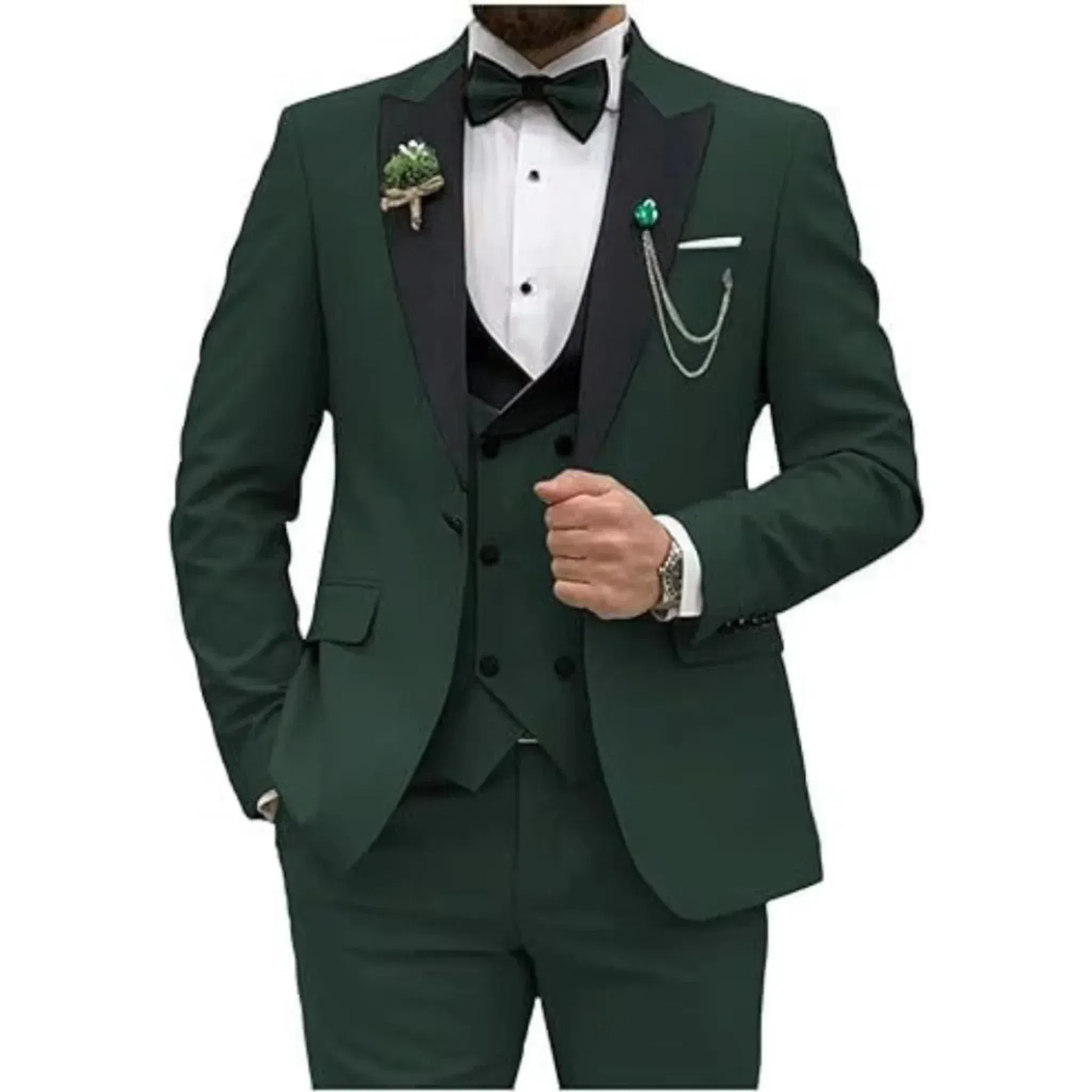 Color: army green, Size: S - Men Suit Colorful Luxury Blazer Vest And Pant Sets 3 Piece Birthday Dress Business Prom Evening Party Costumes High Quality