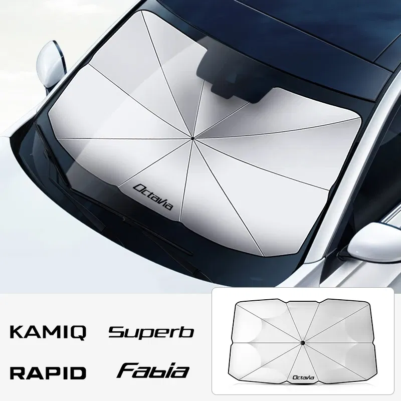 Color: Brown - Car Windshield Sunshade Umbrella Car Front Shading For Skoda Octavia Fabia Rapid Superb Kodiaq Scala Karoq Citigo Kamiq Enyaq