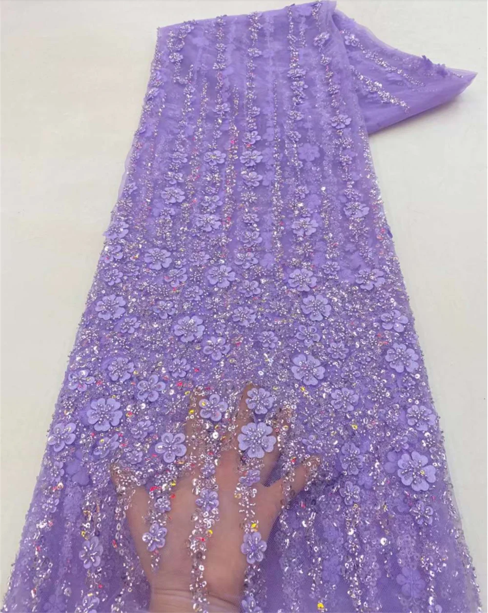 Color: pink, Length: 5 yards, Width: 120cm - White African Beads Groom Tulle lace Fabric 2025 High Quality Sequins Embroidery French Tulle Laces For Nigeiran Party Dress