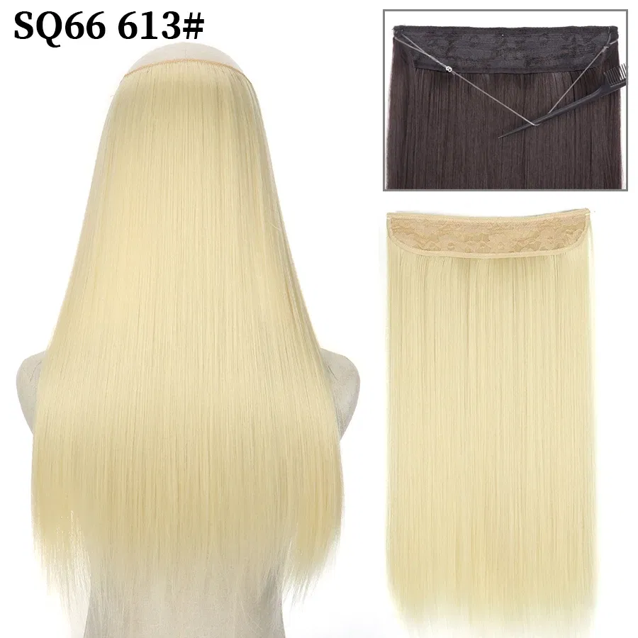 Color: #33, Stretched Length: 16inches, Ships From: CHINA - Synthetic Natural Wavy No Clip Fish Line Invisible Hair Extensions Mixed Color Blonde Black Artificial False Hair Piece ForWomen