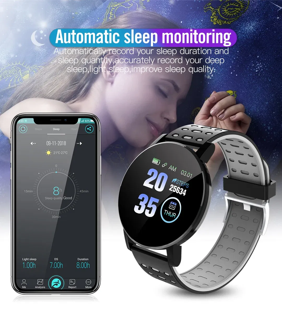 Color: green - 119S Smartwatch Bluetooth Smart Watch Men Blood Pressure Women Smart Band Clock Sports Fitness Tracker Watch For Android IOS