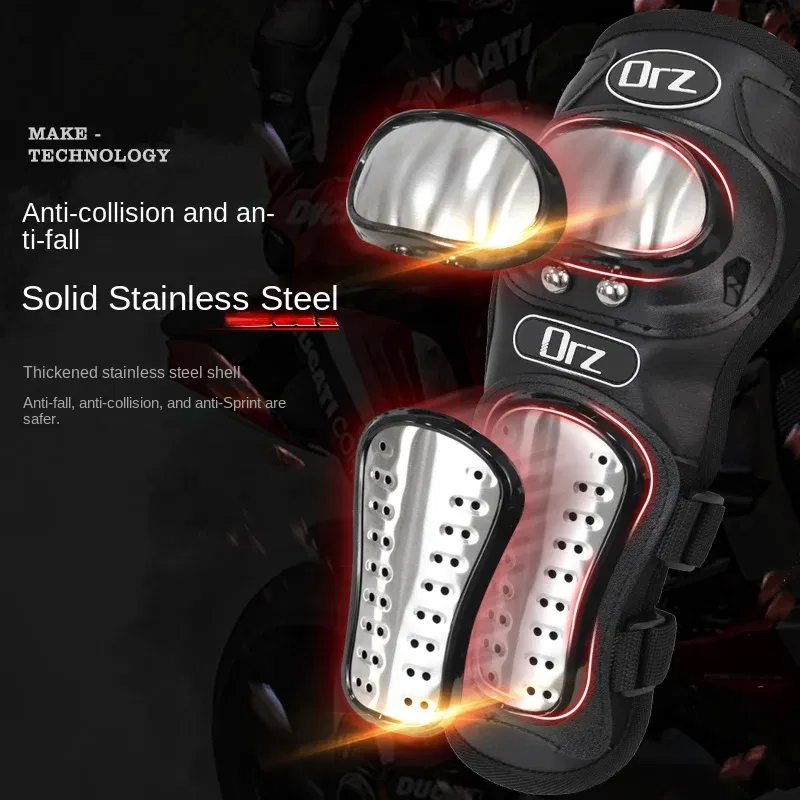 Color: Beige - 4Pcs/Set Motorcycle Kneepad Stainless Steel Moto Elbow Knee Pads Motocross Racing Protective Gear Protector Guards Kit
