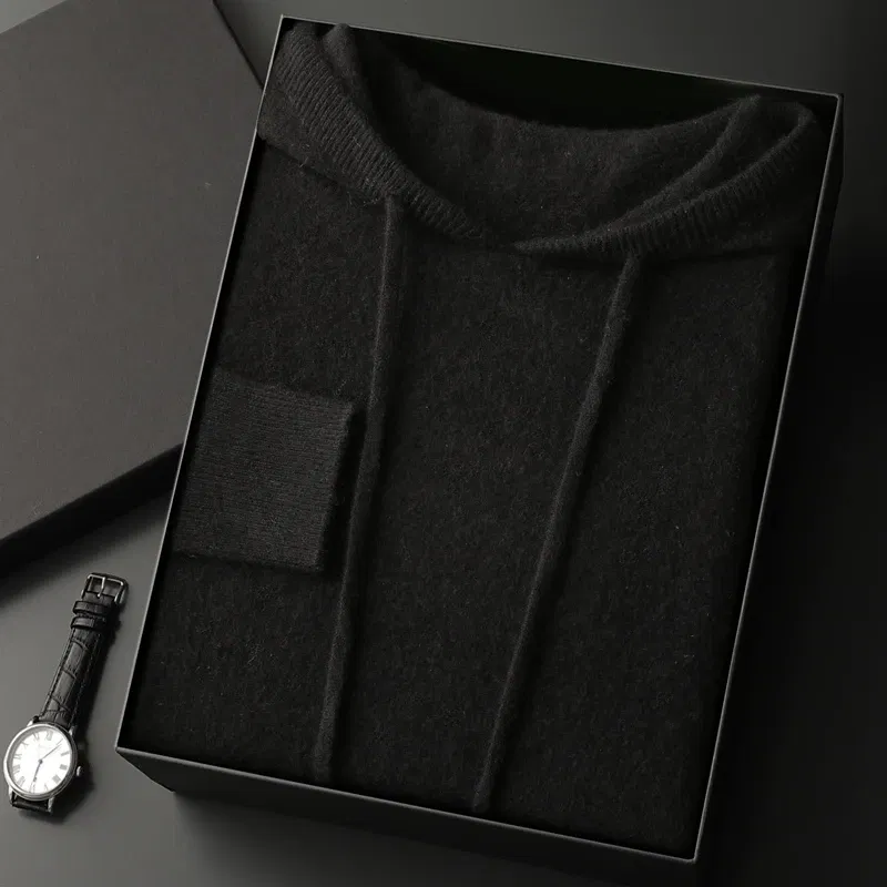 Color: black, Size: M - Yoyoselect Men's 100% Cashmere Luxury Sweater Hoodie Autumn Winter Thick Warm Hooded Pullover Casual Smart Jumpers Knitwear Top