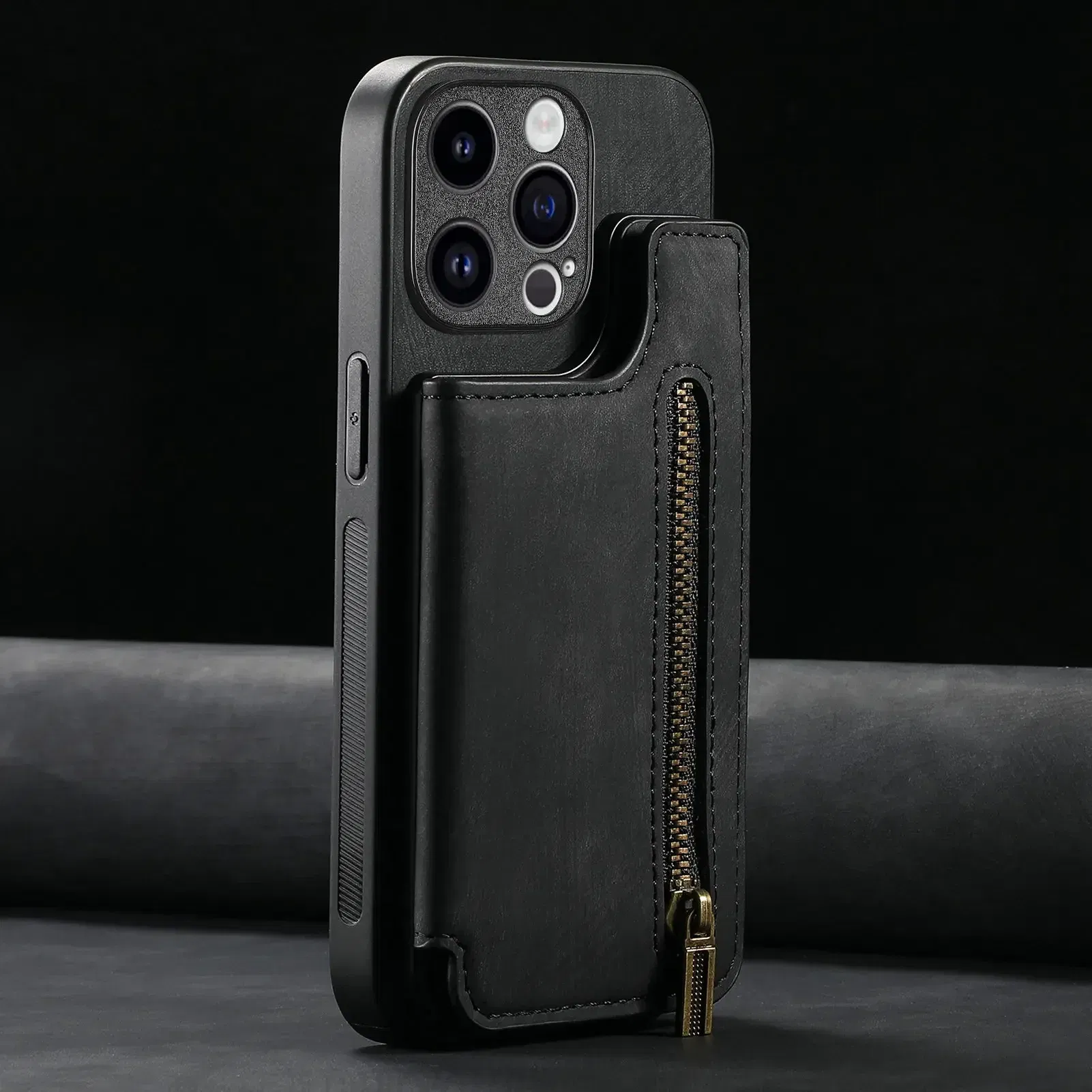 Color: black, Material: Aluminum - Leather Zipper Wallet with Card Holder Phone Case for IPhone 15 14 11 Pro Max 13 12 Mini X XR XS Max 8 7 Plus Shockproof Cover