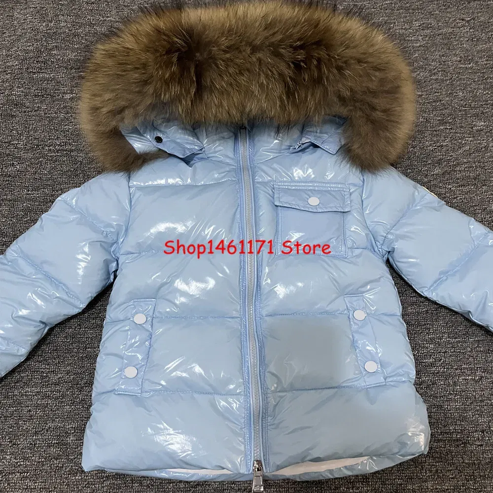 Color: Beige, Kid Size: 4T - Kids Winter Down Jacket Shiny Real Raccoon Fur Collar Toddler Boys Hooded Coat Baby Girls Warm Snowsuit Children's Parkas