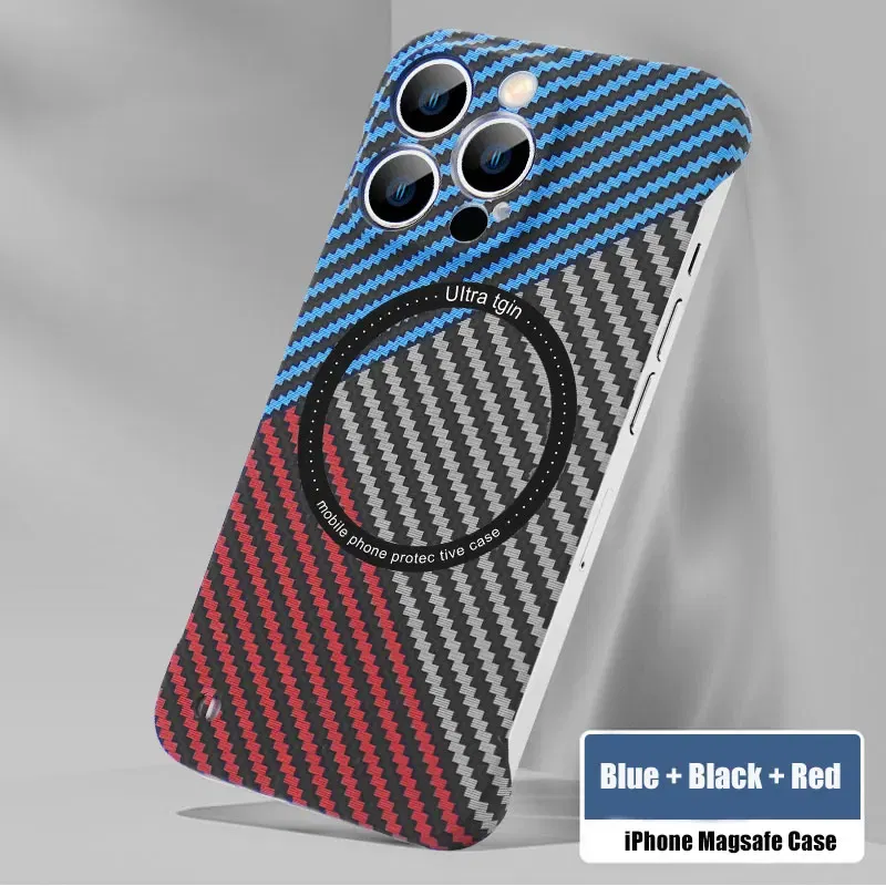 Color: Red, Material: aluminum - Luxury Carbon Fiber for iPhone 11 14 Plus 12 13 Pro Max Magsafe Case Magnetic Wireless Hard Thin Slim Cover for iPhone 13 14 Max